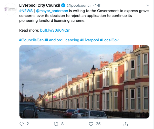 Liverpool Ciyt Council selective licensing tweet 2020