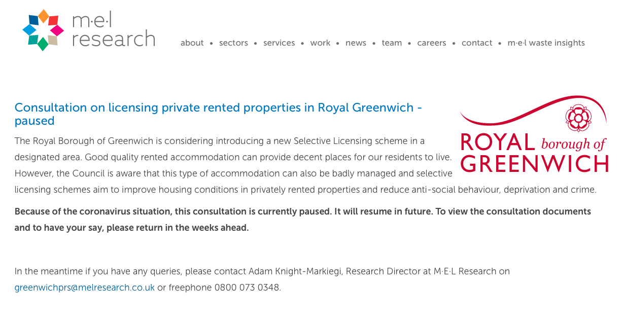 Greenwich selective licensing consultation paused due to COVID19