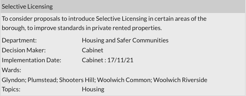 Greenwich Council Forward Plan Sept 2021 - Selective licensing