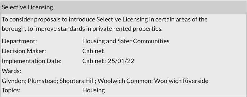 Greenwich Council Forward Plan December 2021 - Selective licensing