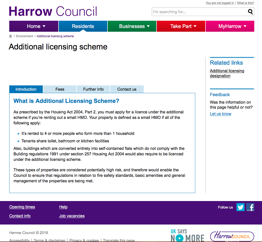 Screenshot of Harrow Council website 2 August 2018