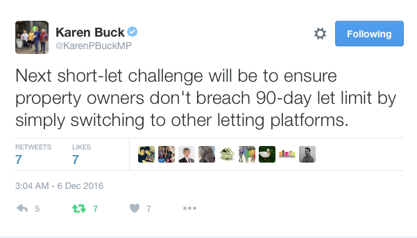 Karen Buck MP short term let tweet