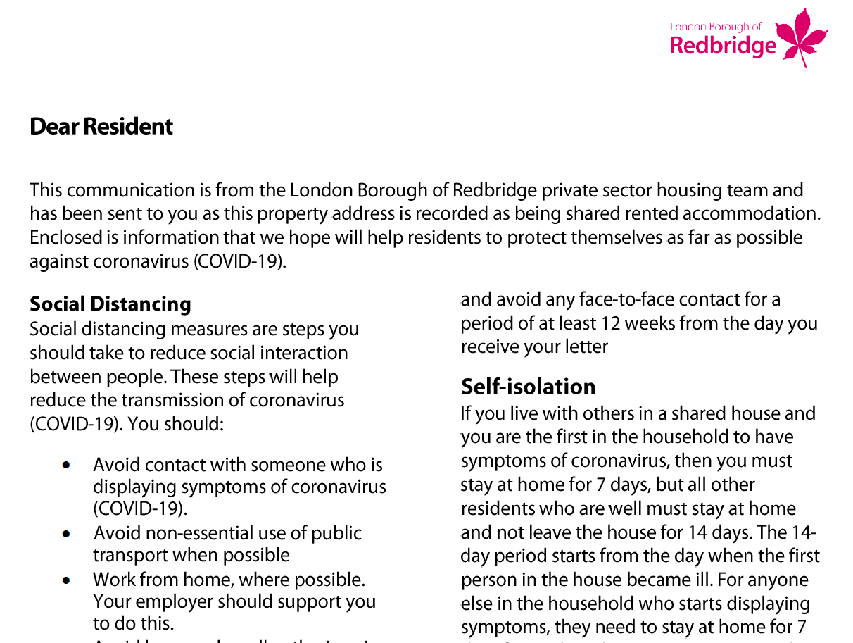 Excerpt from Redbridge Council COVID19 guidance for private tenants
